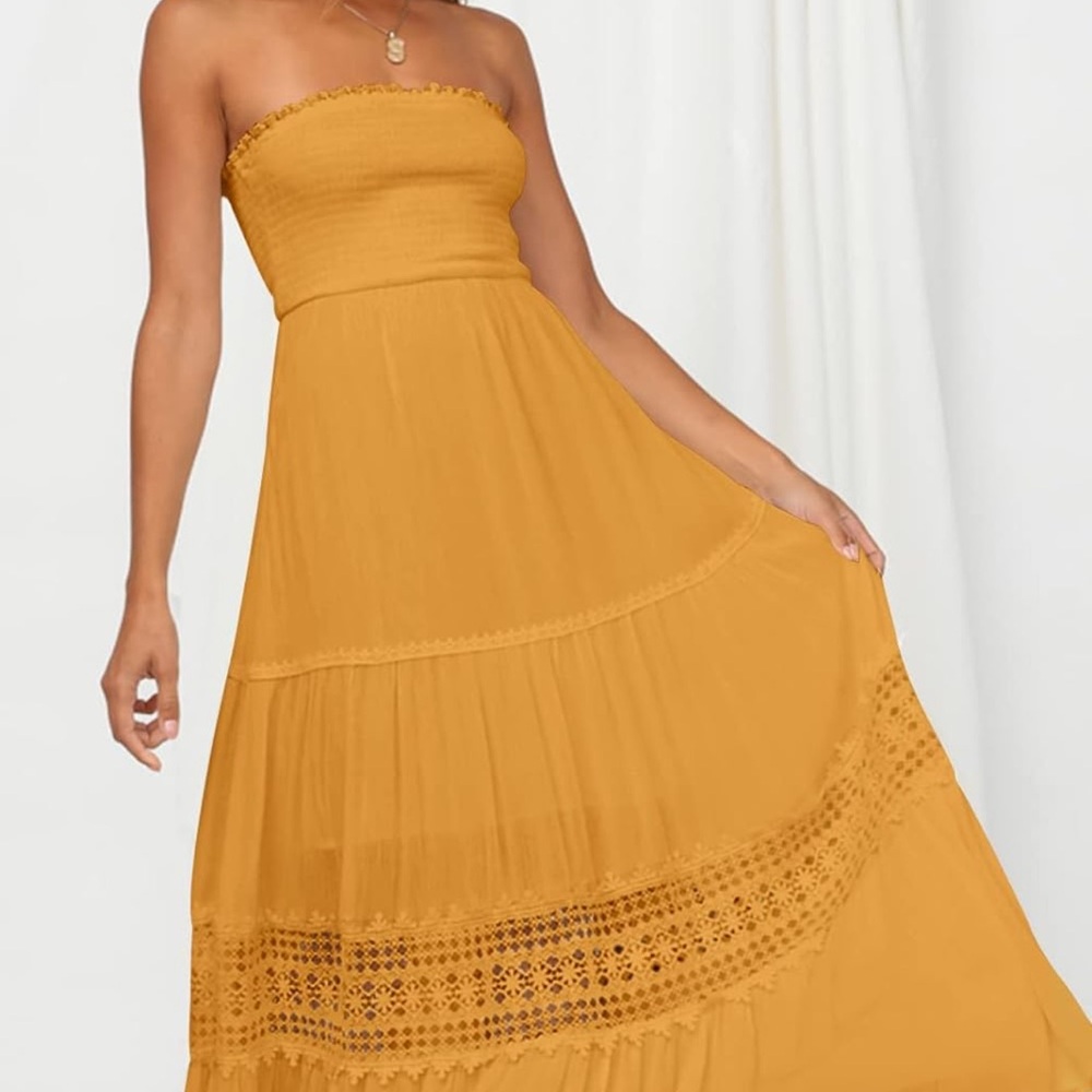 Women’s small yellow Bohemian Strapless Lace Trim maxi